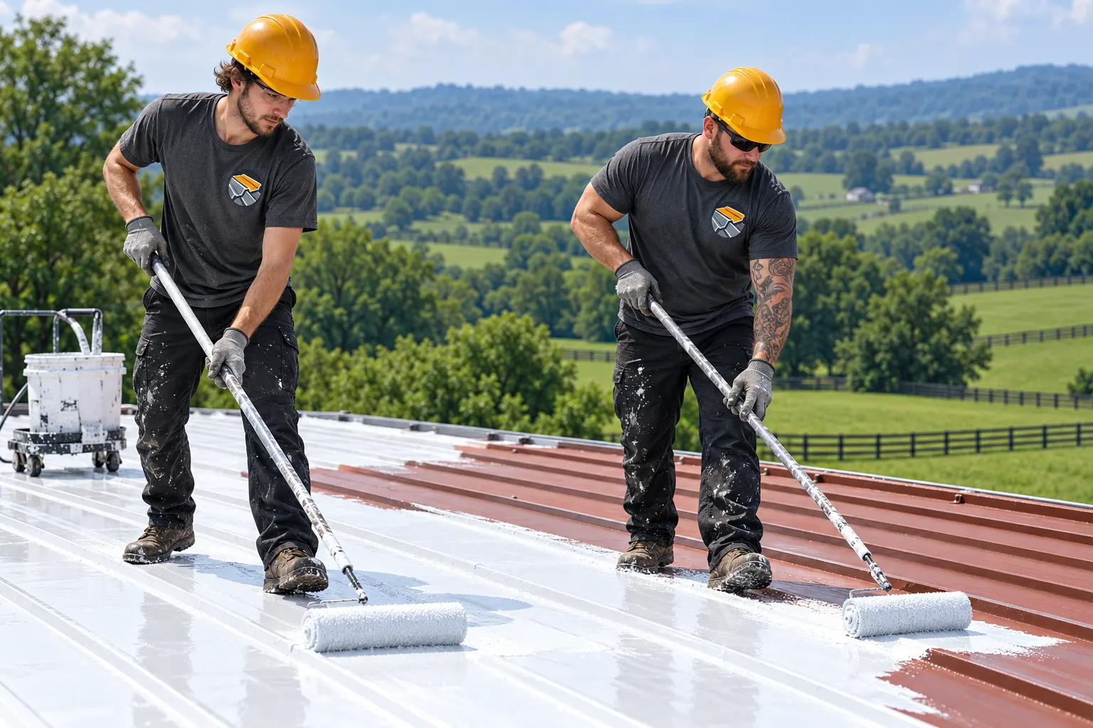 Crew in logo uniforms spraying a white coating on a commercial metal roof near Lexington, KY