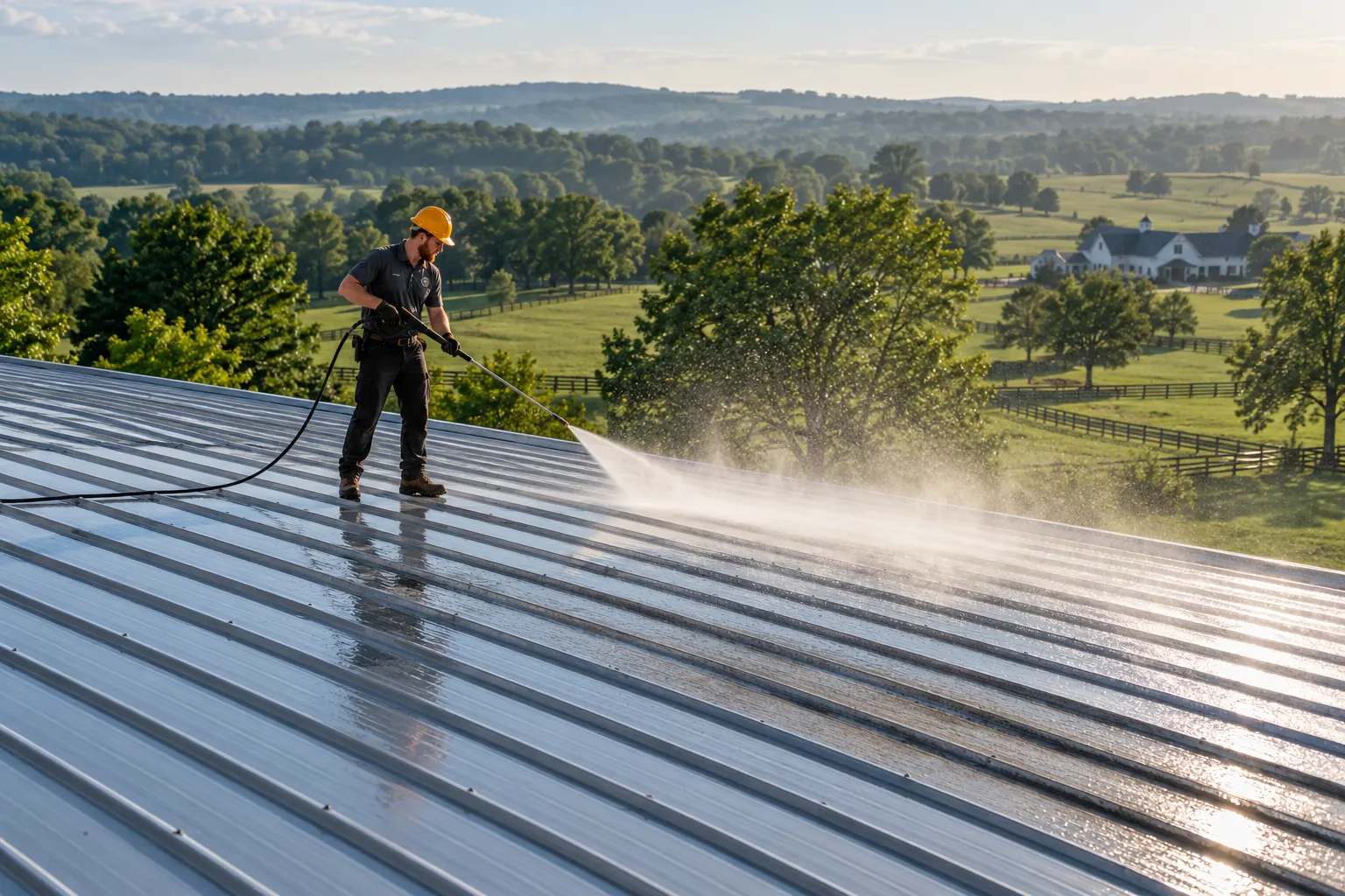 Crew cleaning and priming rusted metal roof panels before coating