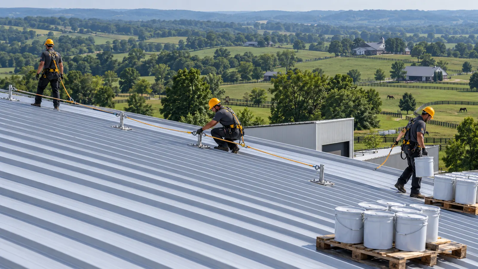 Coating crew staging equipment beside a commercial building before roof work